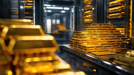 Multiple stacks of gold bars neatly arranged inside a modern bank vault, with advanced security systems in the background.の素材