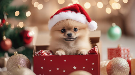 Pomeranian puppy in Santa hat, sitting inside a festive gift box with Merry Christmas decorations around. A perfect holiday scene for seasonal greetings and banners.の素材