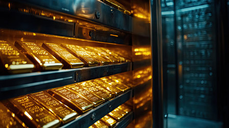 Neatly arranged gold bars in a bank vault with soft, focused lighting. The steel walls of the vault add a cold contrast to the warm glow of gold.の素材