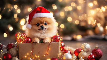 Pomeranian puppy wearing a Santa hat, sitting inside a decorated gift box surrounded by Christmas lights and ornaments. A joyful scene for Merry Christmas banners.の素材