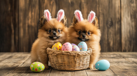 Playful Pomeranian-Pekingese puppies in bunny ears next to a colorful Easter egg basket on a wooden floor. Perfect for festive banners with space for holiday messages.の素材
