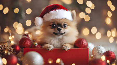 Pomeranian puppy in a Santa hat, sitting inside a gift box with Christmas lights and decorations around. Perfect for holiday-themed banners and New Year greetings.の素材