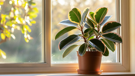Potted Ficus elastica houseplant on a windowsill, with its glossy, air-purifying leaves. A natural choice for enhancing indoor air quality and decor.の素材