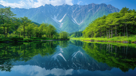 A stunning view of Kamikachiaes Azusa River reflecting the fresh green trees and the majestic Hotaka Mountains, creating a peaceful and picturesque landscape.の素材