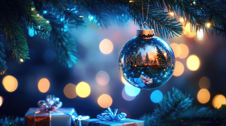 A sparkling bauble reflecting a Christmas tree hangs from a fir branch, with gift boxes below. Blue abstract night lights add to the magical holiday scene.の素材