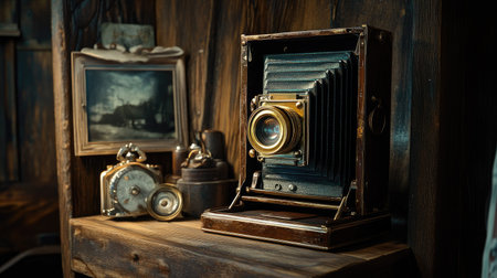 Classic bellows camera with a brass lens, standing on a wooden shelf next to antique items, softly lit to highlight its historical valueの素材