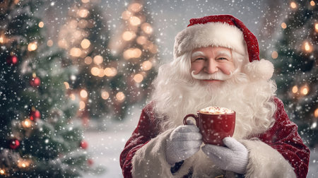 Santa enjoying a hot mug of cocoa in the snow, surrounded by Christmas trees and twinkling holiday lights. His jolly expression captures the spirit of the season.の素材