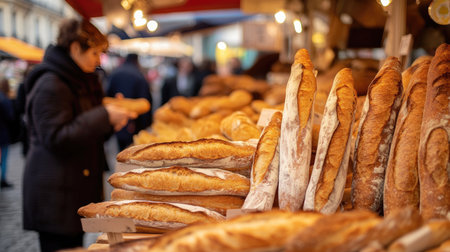Rows of freshly baked French baguettes and sourdough loaves at a vibrant Paris market, with a seller interacting with customers.の素材