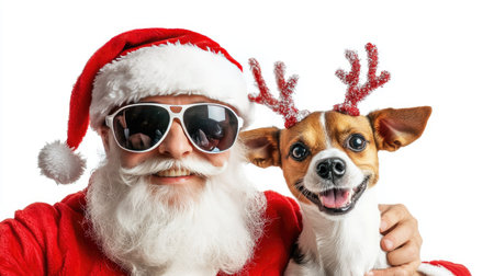 Santa and his helper in shades, posing with a Jack Russell Terrier dressed as a reindeer. The scene is set against a simple white background, ideal for festive designs.の素材
