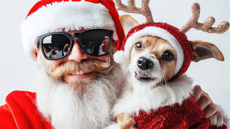 Santa and his helper in sunglasses posing with a Jack Russell Terrier dressed as a reindeer, set against a white background. A playful, festive holiday moment.の素材