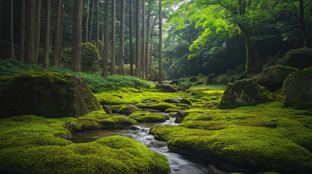 Scenic shot of the Rock Garden in Mt. Mitake, featuring vibrant green moss, flowing water, and towering trees that create a tranquil atmosphere in the valley.の素材