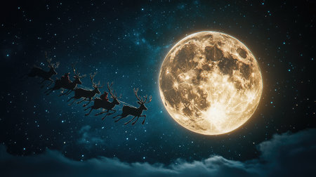 Santa Claus and his reindeer flying across the glowing moon on a crisp, clear Christmas night, the ultimate symbol of holiday magic in the sky.の素材