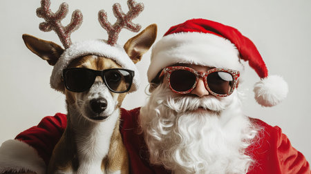 Santa Claus and his helper in sunglasses posing with a Jack Russell Terrier dressed in a reindeer costume. The trio stands against a white background, full of holiday cheer.の素材