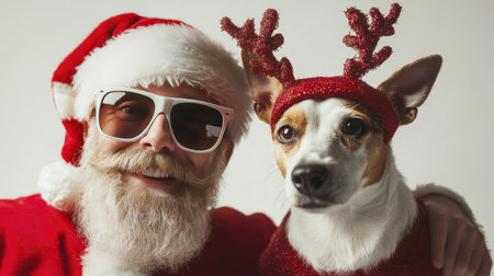 Santa and his helper in shades, posing with a Jack Russell Terrier dressed as a reindeer. The scene is set against a simple white background, ideal for festive designs.の素材