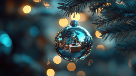 Shiny bauble reflecting a decorated Christmas tree, hanging from a fir branch. Gift boxes and glowing blue bokeh lights complete the abstract night holiday setting.の素材