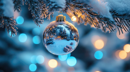 Shiny bauble reflecting a Christmas tree, hanging from a snow-covered fir branch. Gift boxes and blue abstract night lights create a cozy holiday scene.の素材