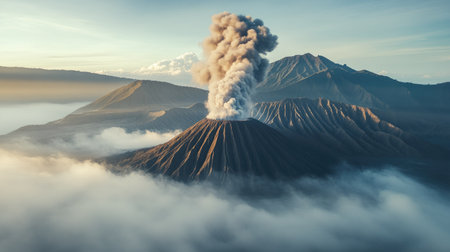 Stunning view of Mount Bromo, shrouded in early morning mist, with volcanic smoke rising into the clear sky. Ideal for travel, adventure, and landscape photography.の素材