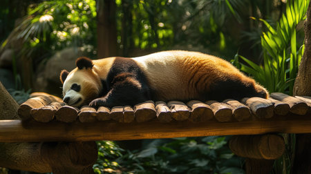 Sleeping giant panda bear lying peacefully on a wooden platform in a zoo, capturing the serenity of this gentle animal in a wildlife setting.の素材