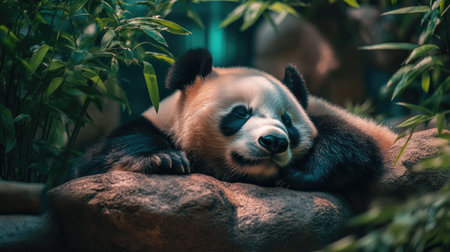 Sleeping giant panda resting its head on a rock, surrounded by green foliage in a zoo enclosure. A cute and tranquil scene of zoo life.の素材