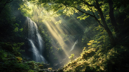 Soft sun rays filter through the trees of Kikuchi Valley, illuminating a cascading waterfall and the vibrant greenery of the forest floor, creating a magical atmosphere.の素材