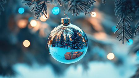 Shiny bauble reflecting a Christmas tree, hanging from a snow-covered fir branch. Gift boxes and blue abstract night lights create a cozy holiday scene.の素材