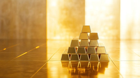 Stack of gold bars on a reflective golden floor, symbolizing wealth, luxury, and financial success. A perfect representation of investment and prosperity.の素材