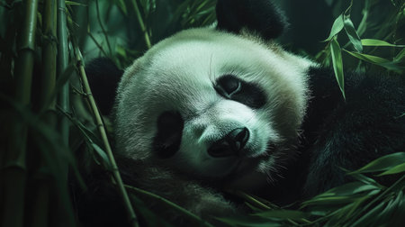 Sleeping giant panda nestled in bamboo stalks inside a zoo, its peaceful expression radiating calm. Great for nature and wildlife content.の素材
