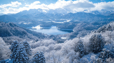 Snow-capped hills of Kurumayama Plateau in winter, with Lake Shirakaba visible in the distance, surrounded by frost-covered trees.の素材