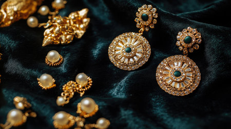 Statement gold earrings placed on a dark velvet cloth, with scattered gemstones and gold accessories to enhance the rich, luxurious vibe.の素材