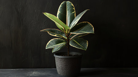 Stylish Ficus elastica rubber plant in a decorative pot, perfect for indoor air purification and modern home decor with its glossy, deep green leaves.の素材