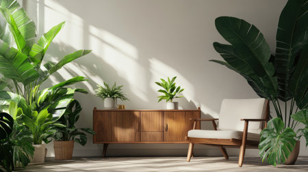 Stylish mockup studio with 3D-rendered plants. Mid-century modern furniture, with tropical plants providing a natural yet sleek backgroundの素材