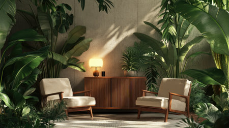 Stylish mockup studio with 3D-rendered plants. Mid-century modern furniture, with tropical plants providing a natural yet sleek backgroundの素材