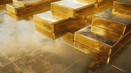 Top view of stacked gold bars on a reflective gold floor, exuding a sense of wealth, luxury, and financial security. A symbol of monetary success.の素材