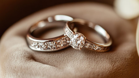 Two silver wedding rings, one with a diamond setting, placed close together on a soft velvet cushion, symbolizing eternal love and marriage.の素材