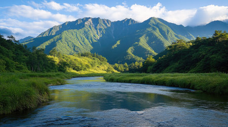 The peaceful Azusa River winds through the lush green valley of Kamikachi, with the majestic Hotaka Mountains standing tall in the background.の素材