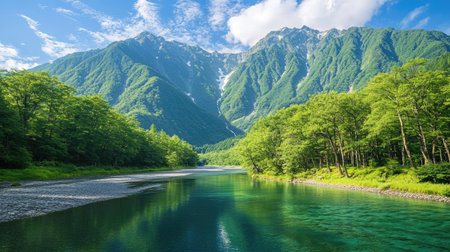 The fresh green landscapes of Kamikachi, with the tranquil Azusa River and the towering peaks of the Hotaka Mountains creating a serene and picturesque scene.の素材