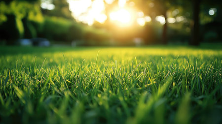 Vibrant green grass stretching across a park, with each blade of grass in sharp detail. A perfect background for nature, sports, or landscape themes.の素材