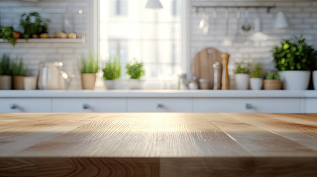 Wooden table top in focus, with a clean, white kitchen interior blurred in the background. Soft bokeh lighting adds depth for product or dining displays.の素材