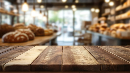 Wooden board table with a blurred background of a bakery, perfect for placing products or food-related content in a warm, inviting shop setting.の素材