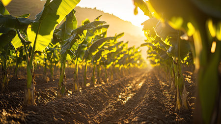 Rows of Dwarf Cavendish banana plants in a Tenerife plantation, bathed in golden sunlight.の素材