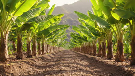 Rows of Dwarf Cavendish banana trees, their large green leaves shading the ground in the tropical climate of the Canary Islands.の素材