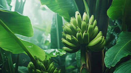 The lifecycle of Dwarf Cavendish bananas, featuring green fruits, flowering stages, and banana leaves in a tropical environment.の素材