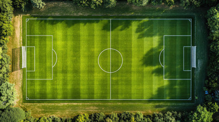 Top-down view of a soccer field flat lay, showing accurate pitch dimensions and clear markings, ideal for educational or coaching purposes.の素材