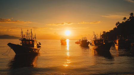 Silhouette of fishing boats at sunrise, with warm sunlight reflecting off the calm sea at Rawai Beach, Phuket, creating a serene coastal scene.の素材