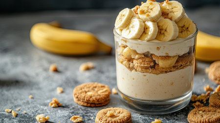 Stylish banana pudding parfait in a glass, with layers of banana slices and cookies, on a sleek marble countertop with copy space beside it.の素材