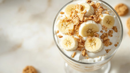 Top-down view of a banana pudding parfait in a glass cup, showcasing the layered banana slices and cookies, with a clean background.の素材