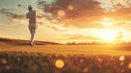 Golfer swinging his club on the green at sunset, the evening sky glowing in warm tones as the day draws to a close.の素材