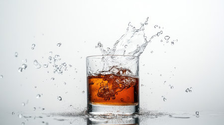 High-speed capture of splashing liquid as a drink is poured into a glass, against a white backdrop.の素材