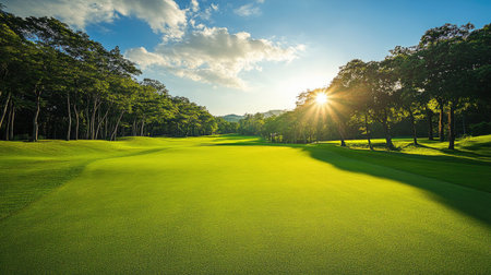 Manicured fairway on a sunny golf course, lush green grass bordered by trees and an expansive view into the horizon.の素材
