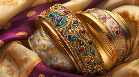 Luxurious Indian gold bangles with traditional patterns and gemstone detailing, artistically arranged on a silk background, reflecting their opulenceの素材